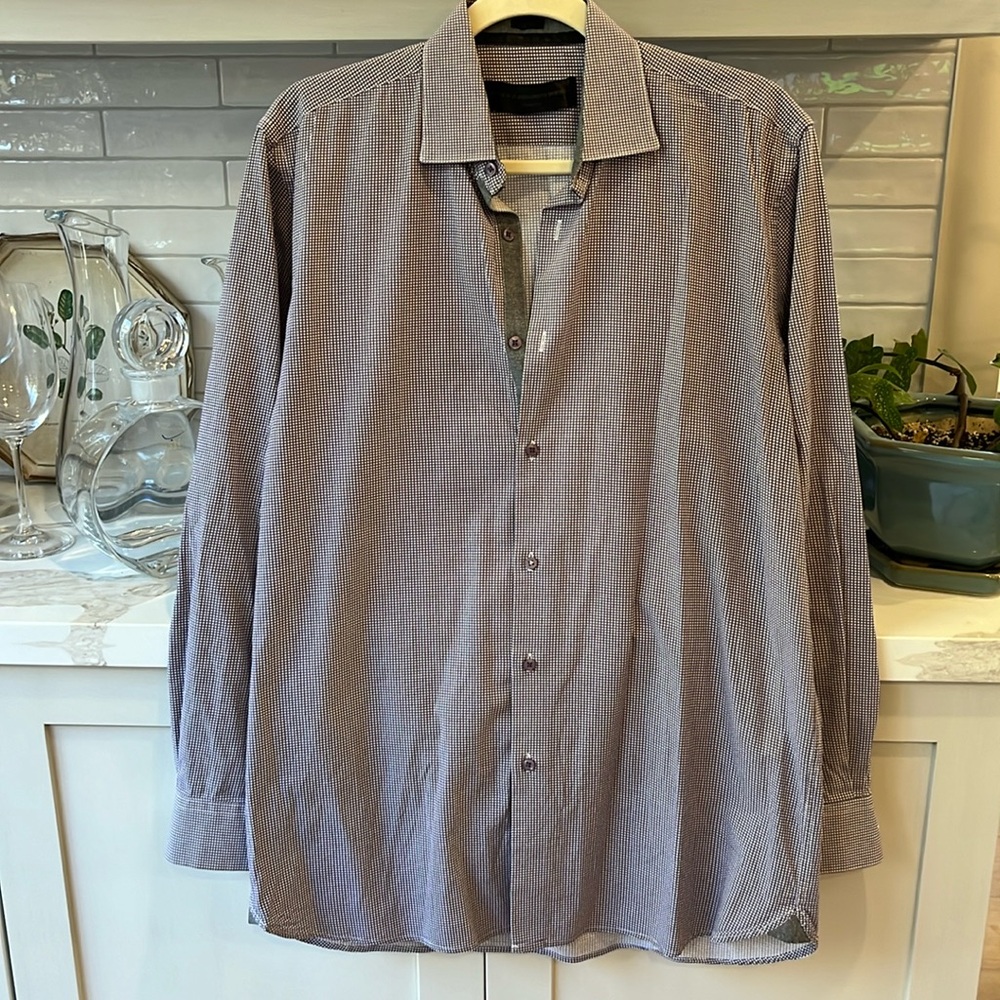 VGUC Versace fine purple and white patterned shirt with grey contrast trim